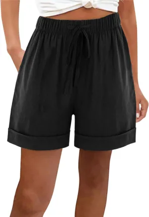 Linen Shorts for Women Summer Casual Drawstring Elastic Waist Lightweight Beach Vacation Lounge Shorts with Pockets