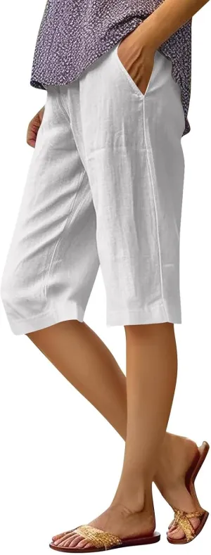 Linen Shorts for Women Summer Casual Elastic Waist Shorts Knee Length Baggy Straight Leg Cropped Pants with Pockets