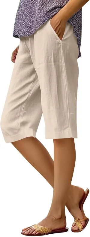Linen Shorts for Women Summer Casual Elastic Waist Shorts Knee Length Baggy Straight Leg Cropped Pants with Pockets