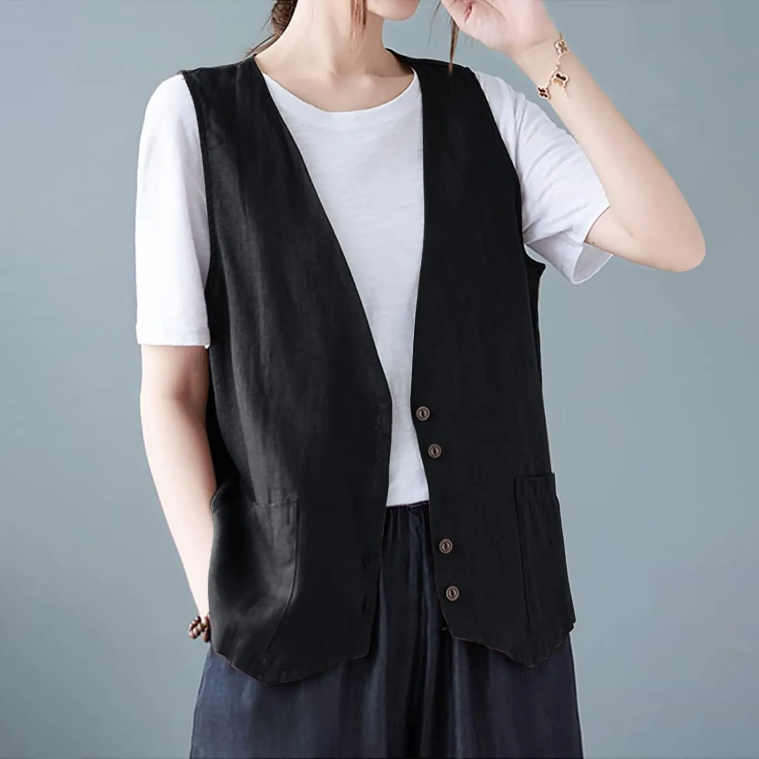 Linen Vest Women,2024 Trendy Button Sleeveless Blazer Cardigans Waistcoat,Dressy Casual V Neck Lightweight Jacket