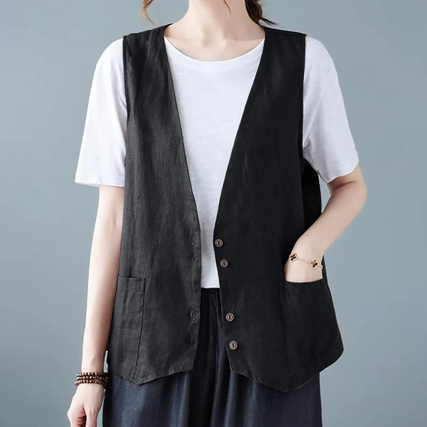 Linen Vest Women,2024 Trendy Button Sleeveless Blazer Cardigans Waistcoat,Dressy Casual V Neck Lightweight Jacket