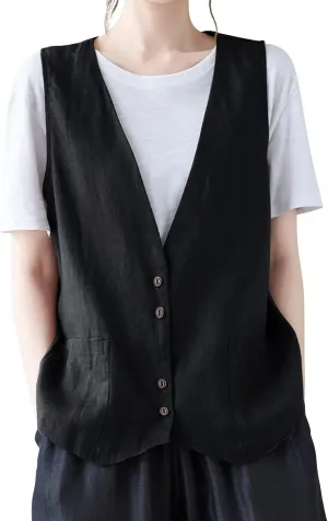 Linen Vest Women,2024 Trendy Button Sleeveless Blazer Cardigans Waistcoat,Dressy Casual V Neck Lightweight Jacket