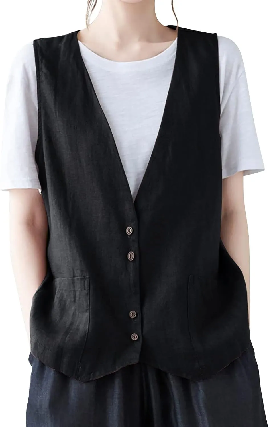 Linen Vest Women,2024 Trendy Button Sleeveless Blazer Cardigans Waistcoat,Dressy Casual V Neck Lightweight Jacket