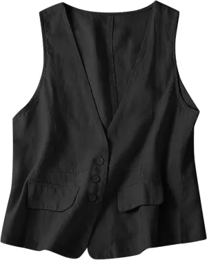 Linen Vest Women,2024 Trendy Button Sleeveless Blazer Cardigans Waistcoat,Dressy Casual V Neck Lightweight Jacket