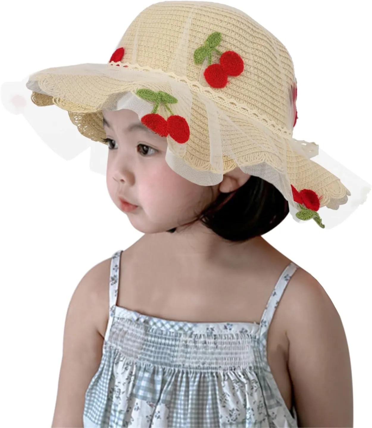 Little Girl Breathable Summer Straw Hat Cute Cherry Lace Bowknot Sun Hats Kids Floppy Beach Cap Wide Brim Sun Visor