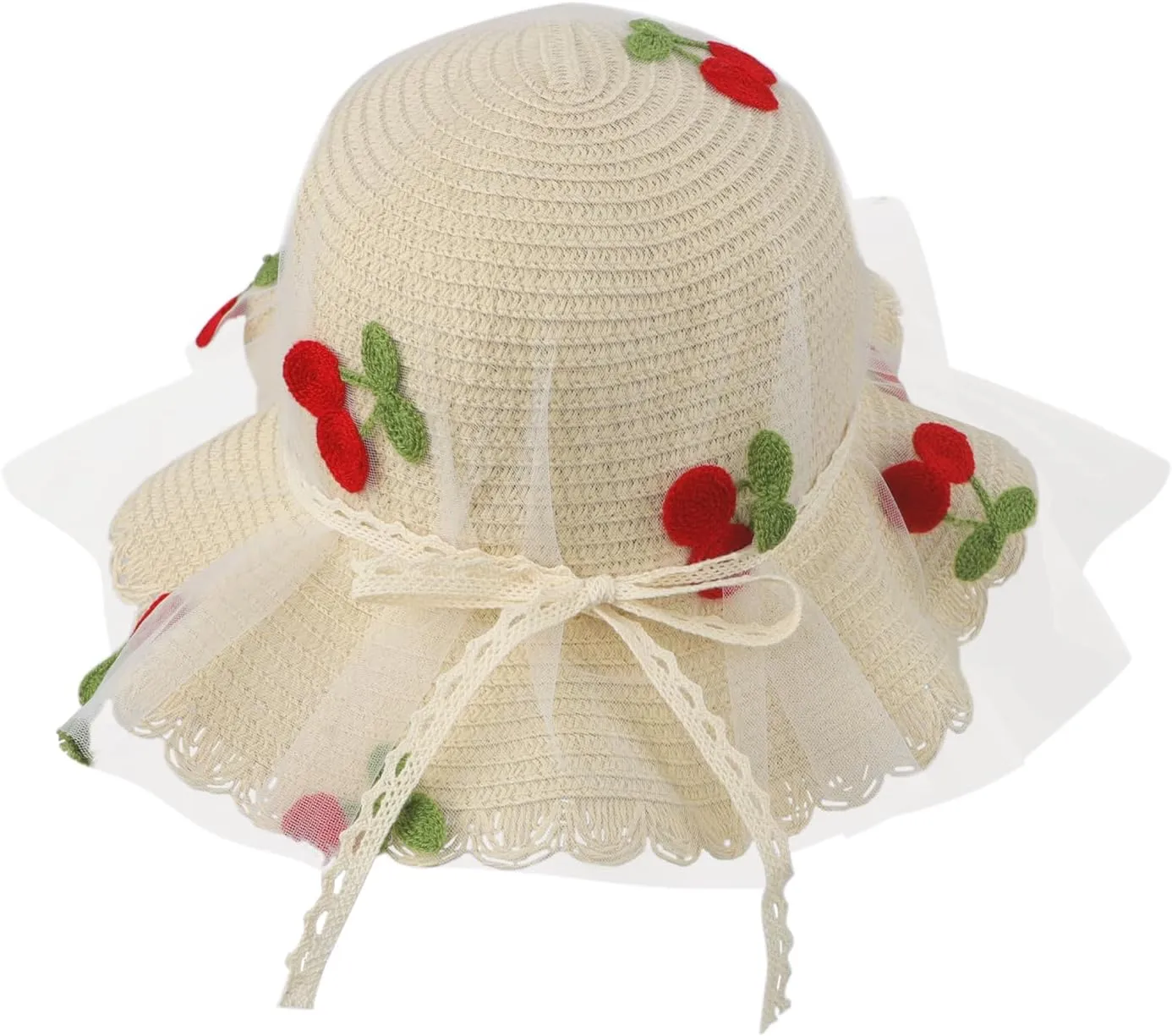 Little Girl Breathable Summer Straw Hat Cute Cherry Lace Bowknot Sun Hats Kids Floppy Beach Cap Wide Brim Sun Visor
