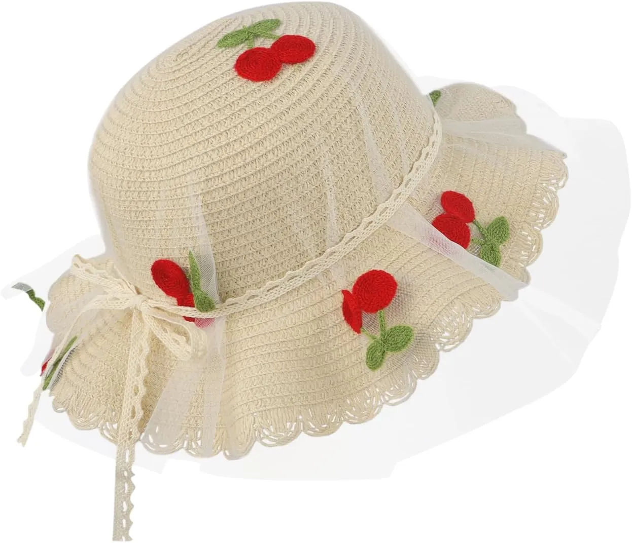 Little Girl Breathable Summer Straw Hat Cute Cherry Lace Bowknot Sun Hats Kids Floppy Beach Cap Wide Brim Sun Visor