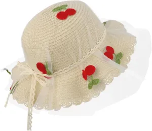 Little Girl Breathable Summer Straw Hat Cute Cherry Lace Bowknot Sun Hats Kids Floppy Beach Cap Wide Brim Sun Visor