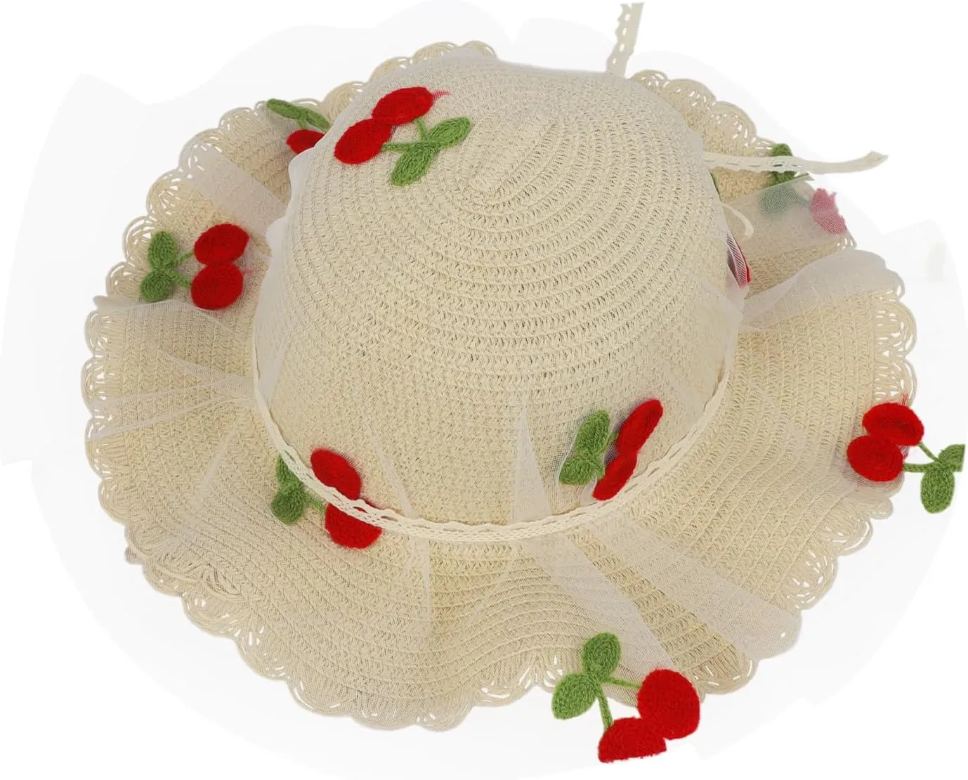 Little Girl Breathable Summer Straw Hat Cute Cherry Lace Bowknot Sun Hats Kids Floppy Beach Cap Wide Brim Sun Visor