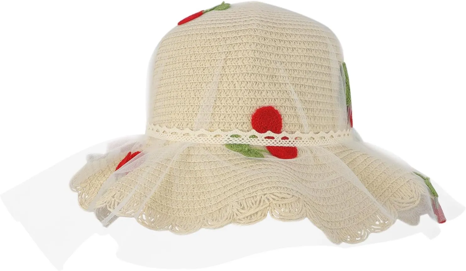 Little Girl Breathable Summer Straw Hat Cute Cherry Lace Bowknot Sun Hats Kids Floppy Beach Cap Wide Brim Sun Visor