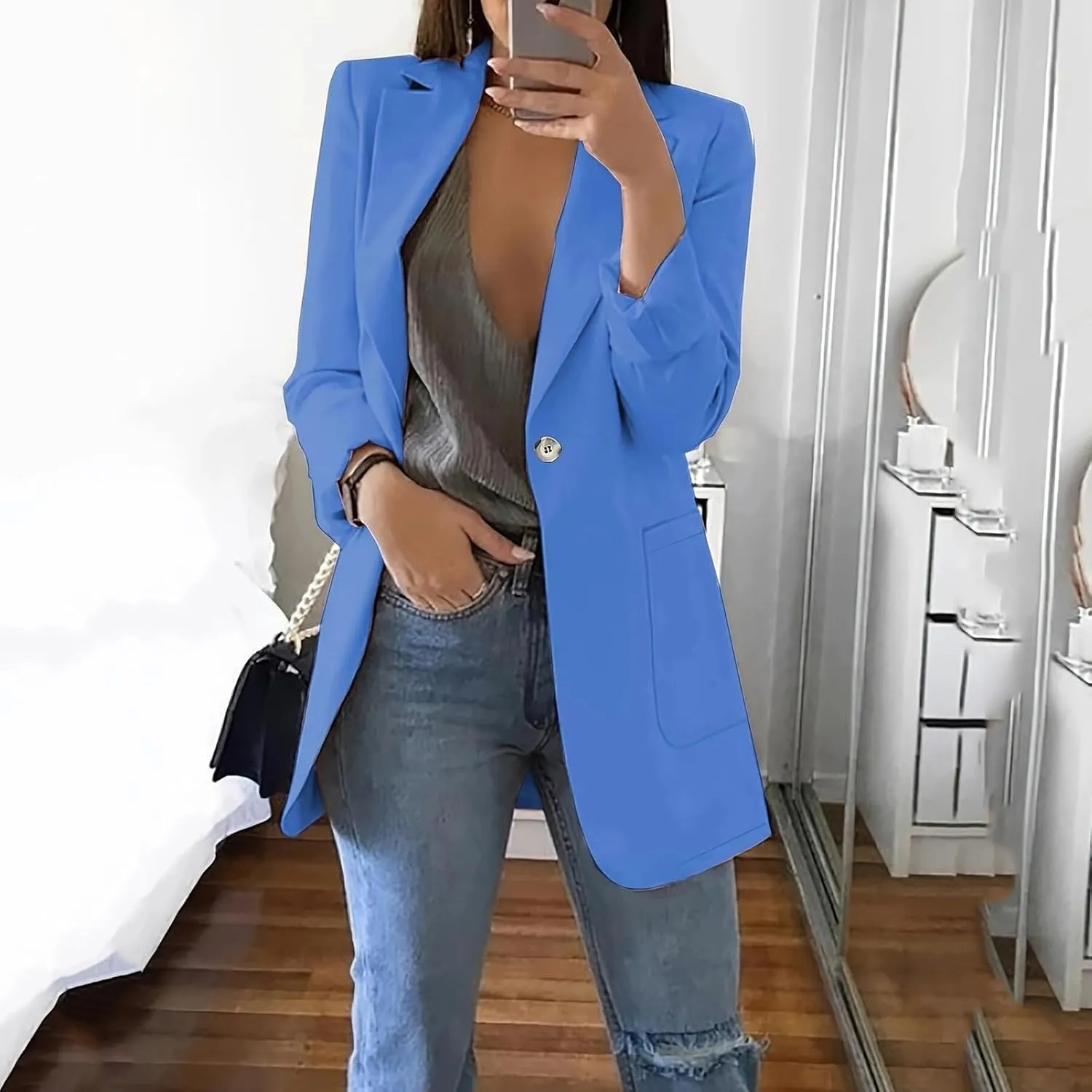 Long Blazers for Women Business Casual Comfy Slim Fit Suit Jacket Single Breasted Work Fall Blazers Jacket with Pocket