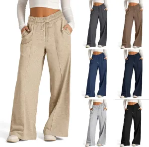 Lounge Pants with Pockets for Women, Wide Leg Lightweight High Waist Adjustable Tie Knot Loose Fit Drawstring Trousers