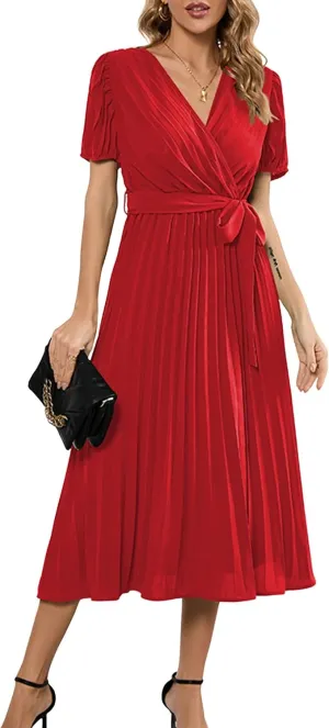 Mansy Women's Elegant Wrap V Neck Lantern Sleeve Bulted Pleated Flowy Maxi Long Dress