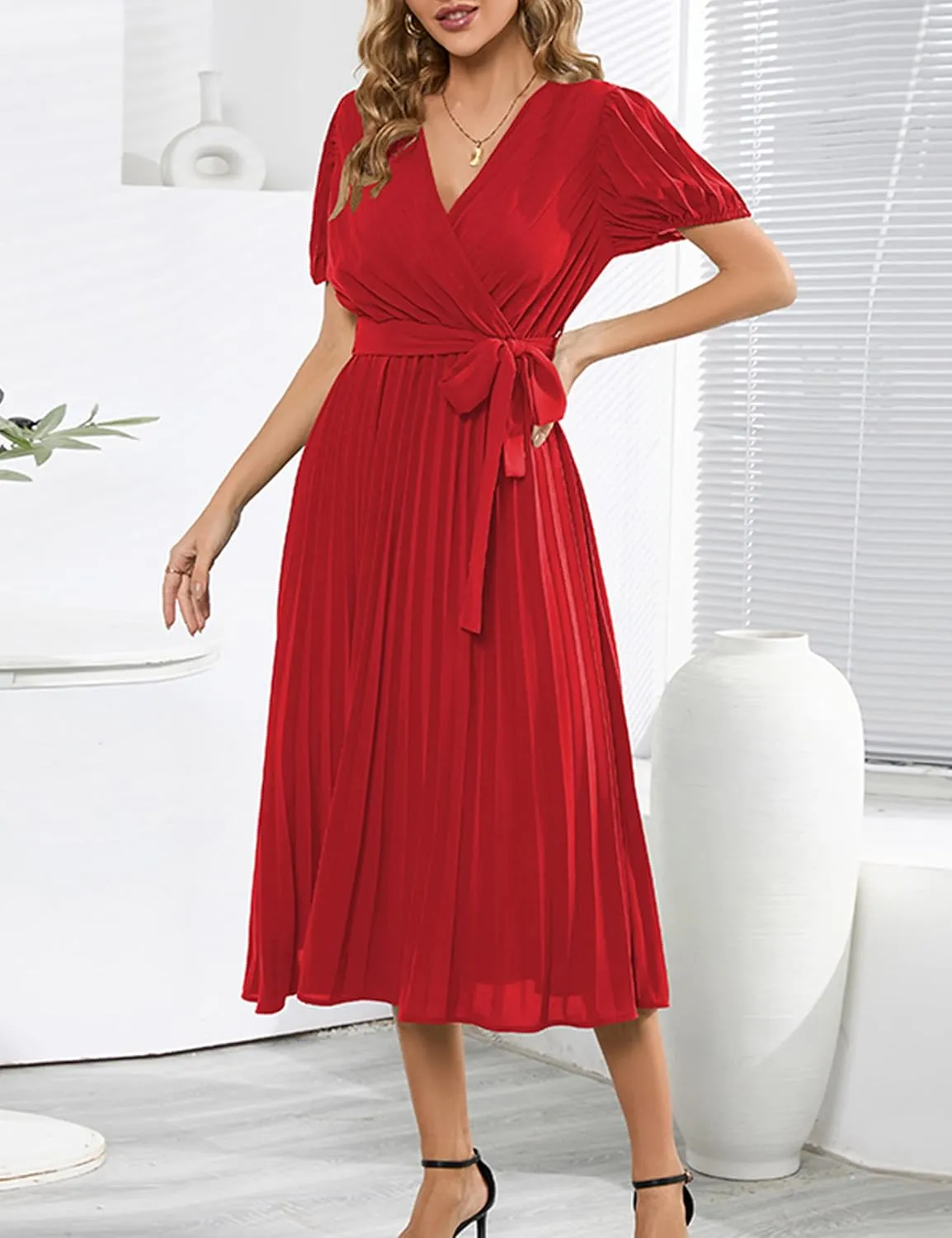 Mansy Women's Elegant Wrap V Neck Lantern Sleeve Bulted Pleated Flowy Maxi Long Dress