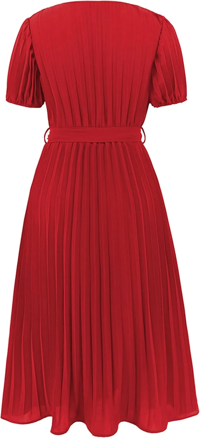 Mansy Women's Elegant Wrap V Neck Lantern Sleeve Bulted Pleated Flowy Maxi Long Dress