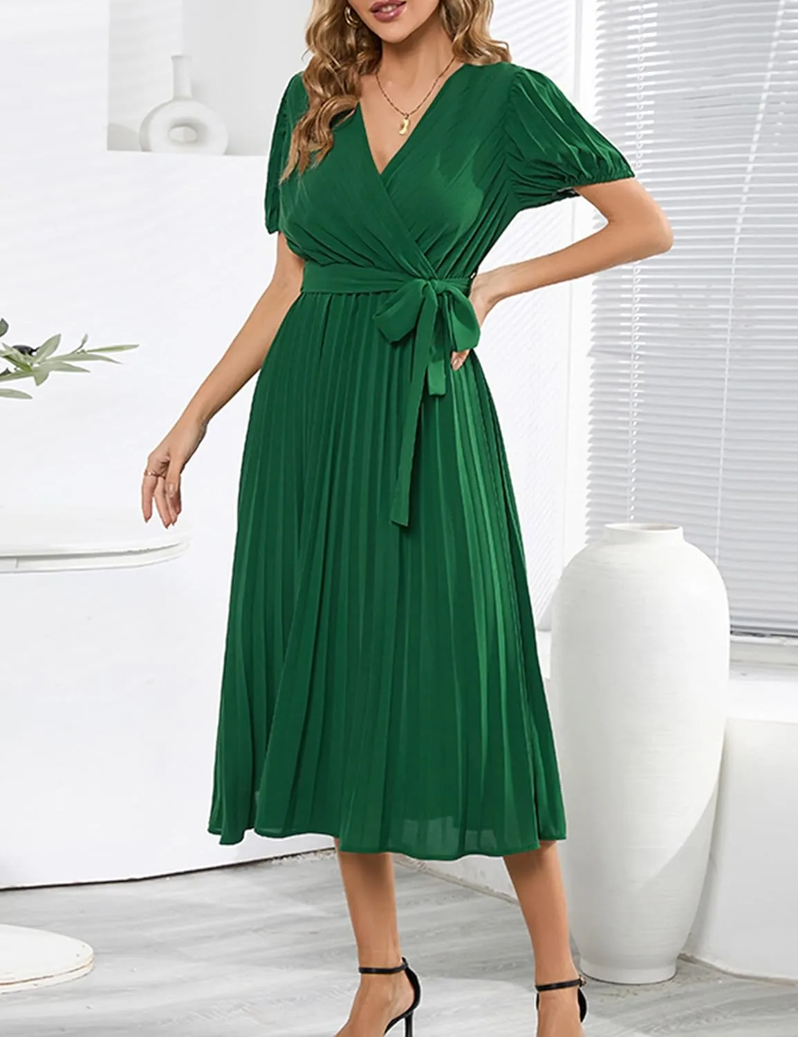 Mansy Women's Elegant Wrap V Neck Lantern Sleeve Bulted Pleated Flowy Maxi Long Dress