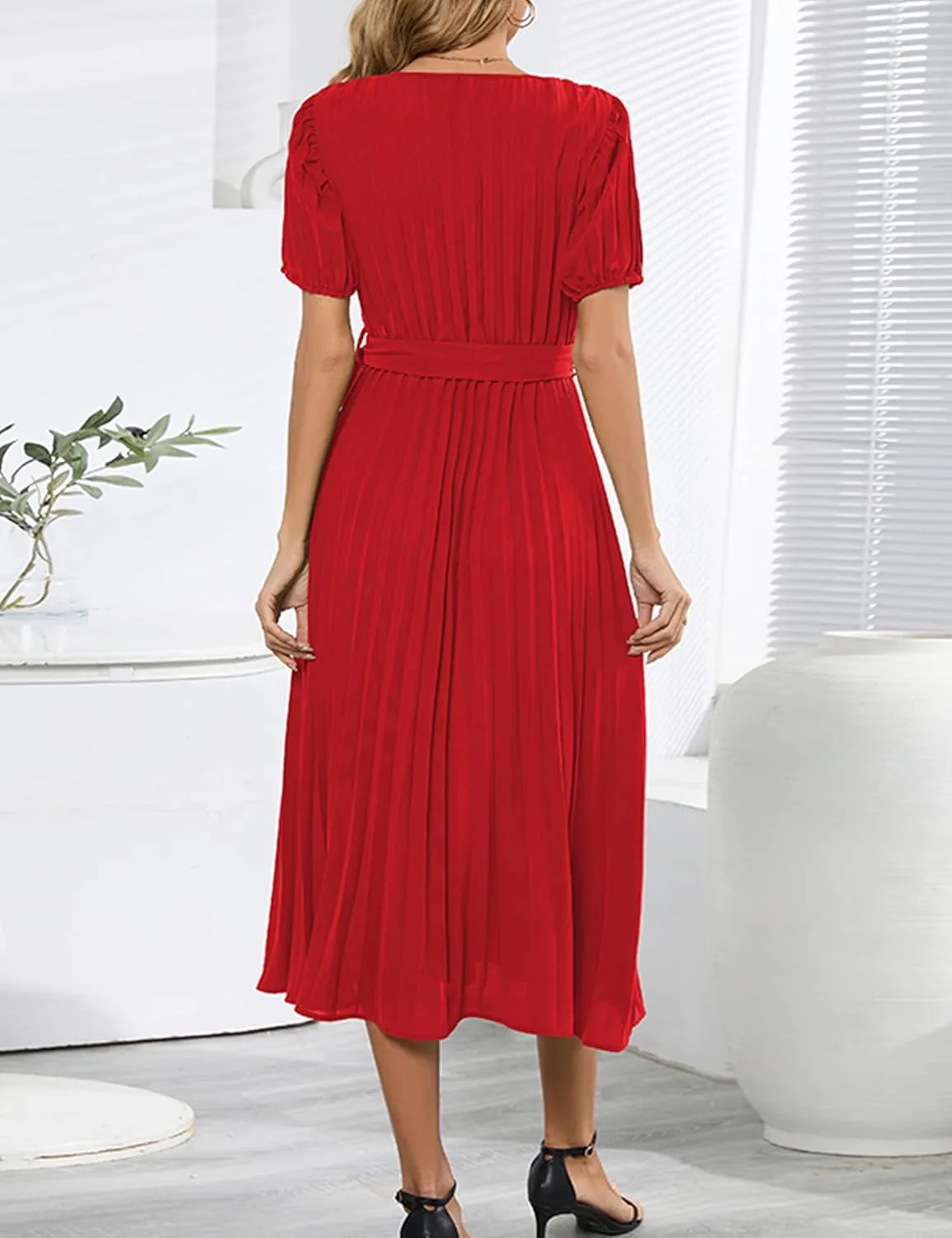 Mansy Women's Elegant Wrap V Neck Lantern Sleeve Bulted Pleated Flowy Maxi Long Dress