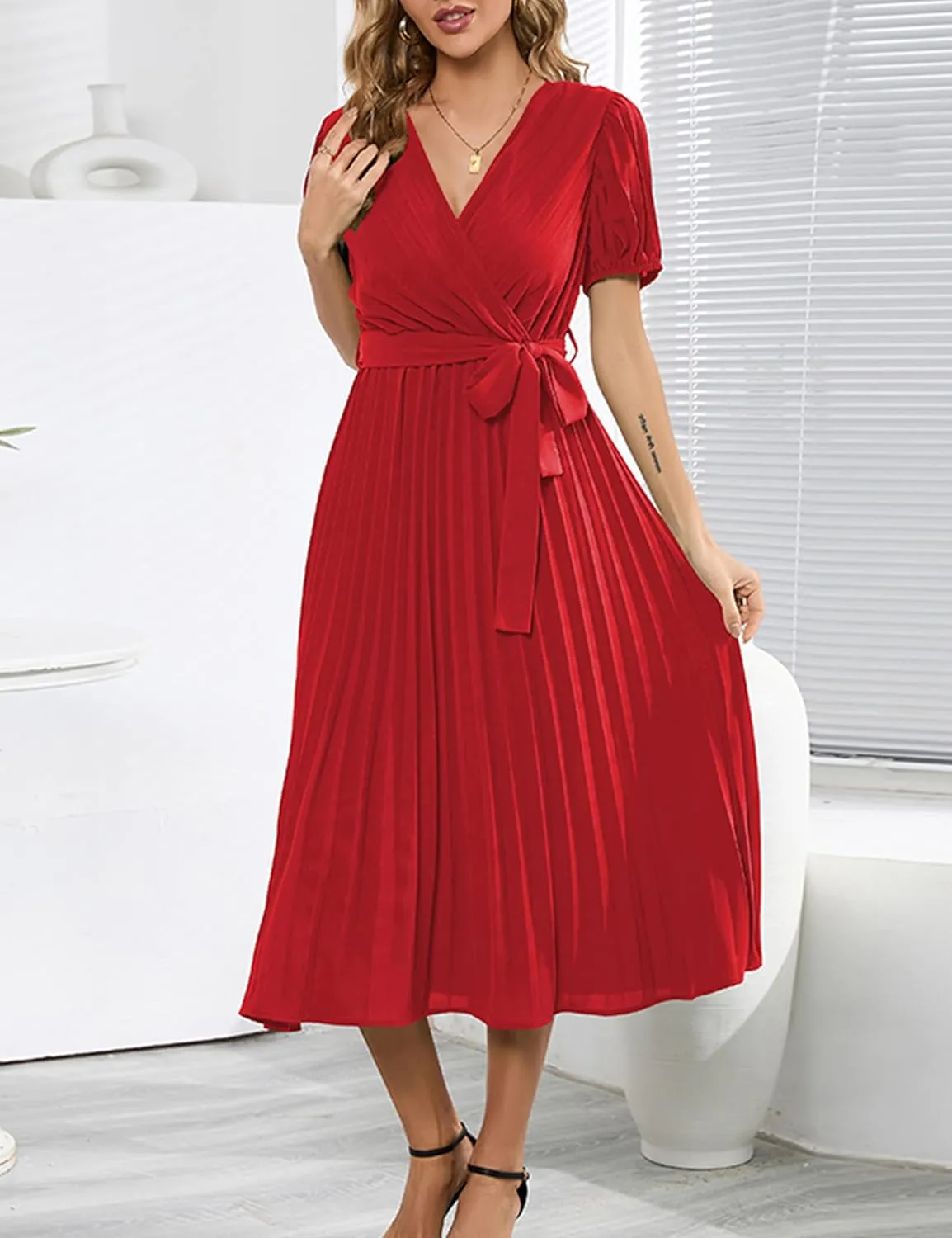 Mansy Women's Elegant Wrap V Neck Lantern Sleeve Bulted Pleated Flowy Maxi Long Dress