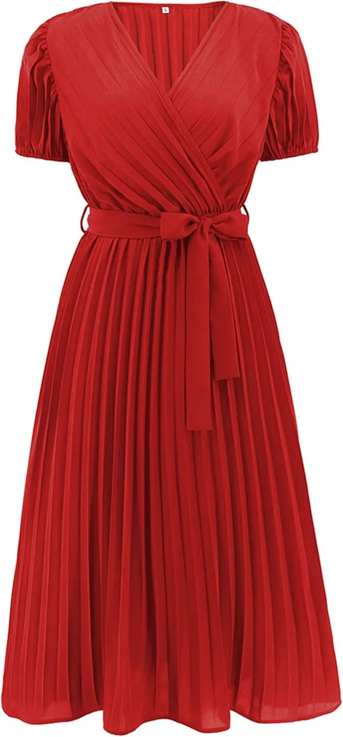 Mansy Women's Elegant Wrap V Neck Lantern Sleeve Bulted Pleated Flowy Maxi Long Dress
