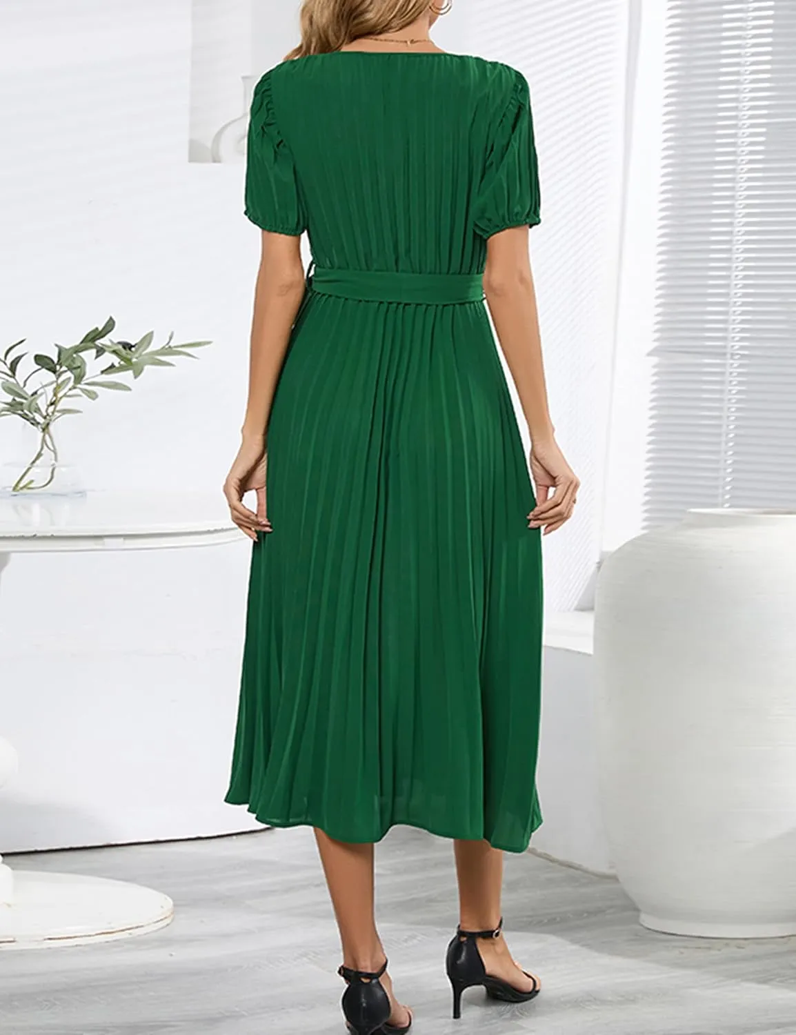 Mansy Women's Elegant Wrap V Neck Lantern Sleeve Bulted Pleated Flowy Maxi Long Dress