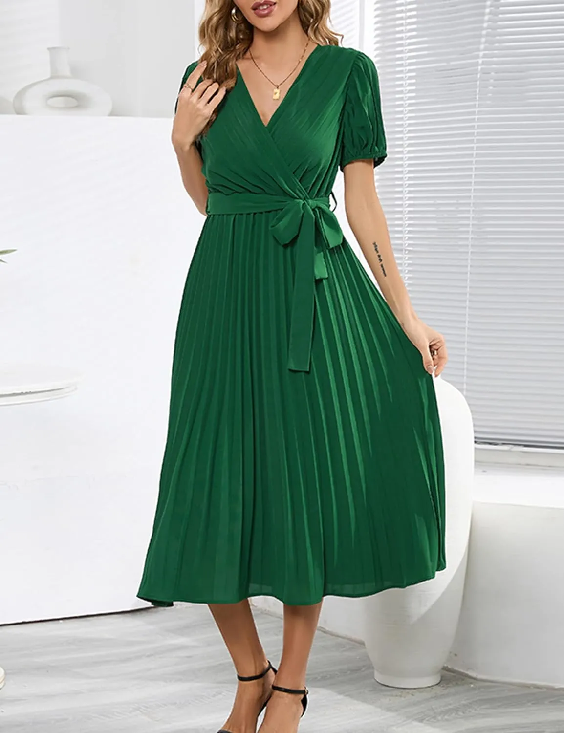 Mansy Women's Elegant Wrap V Neck Lantern Sleeve Bulted Pleated Flowy Maxi Long Dress