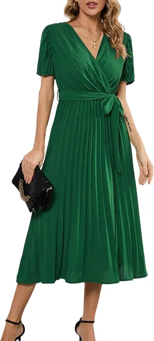 Mansy Women's Elegant Wrap V Neck Lantern Sleeve Bulted Pleated Flowy Maxi Long Dress