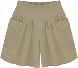 Maryia Womens Casual Solid Shorts Elastic Waist Chino Shorts with Pockets Summer Beach Lightweight Cotton Linen Pants