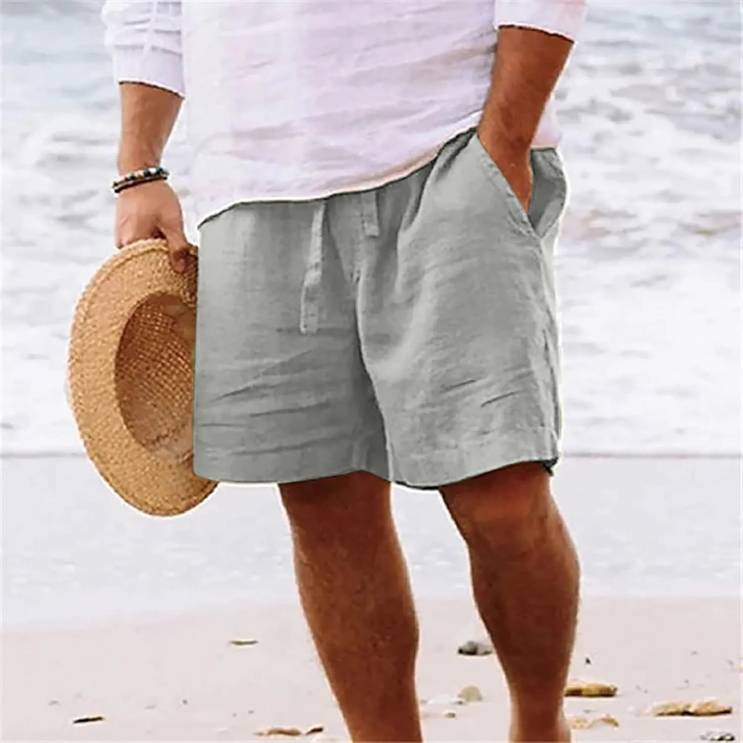 Men Linen Shorts Casual Elastic Waist Drawstring Cotton Linen Summer Beach Shorts with Pockets Loose Outdoor Shorts