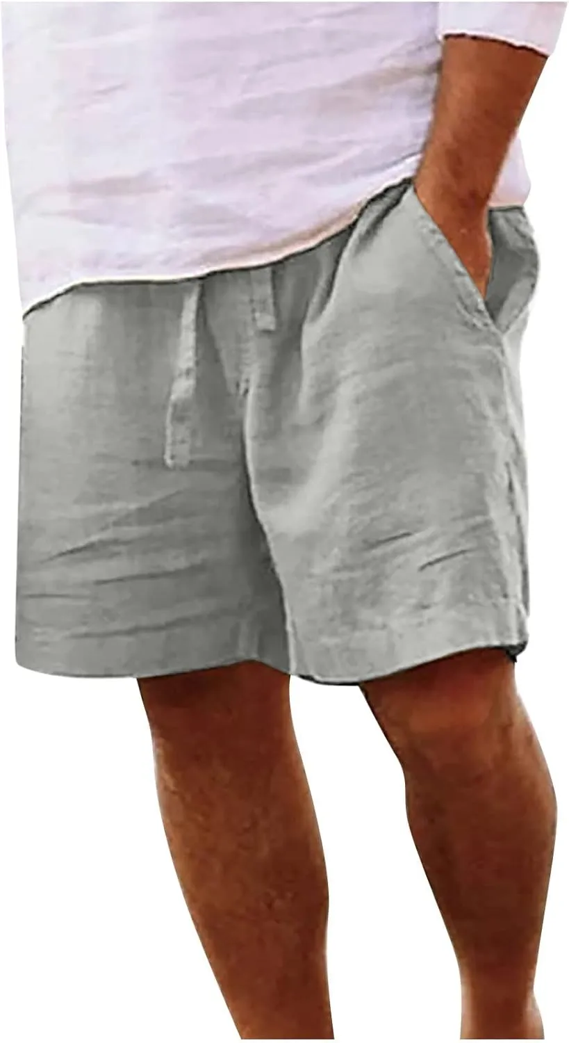 Men Linen Shorts Casual Elastic Waist Drawstring Cotton Linen Summer Beach Shorts with Pockets Loose Outdoor Shorts