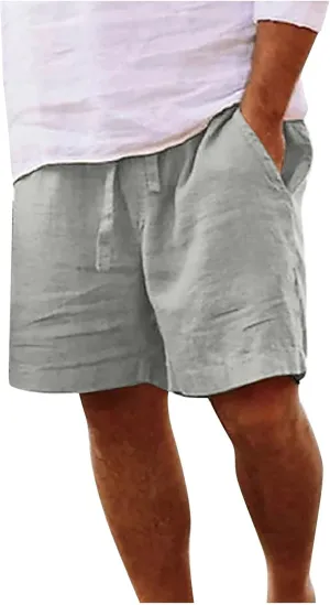 Men Linen Shorts Casual Elastic Waist Drawstring Cotton Linen Summer Beach Shorts with Pockets Loose Outdoor Shorts