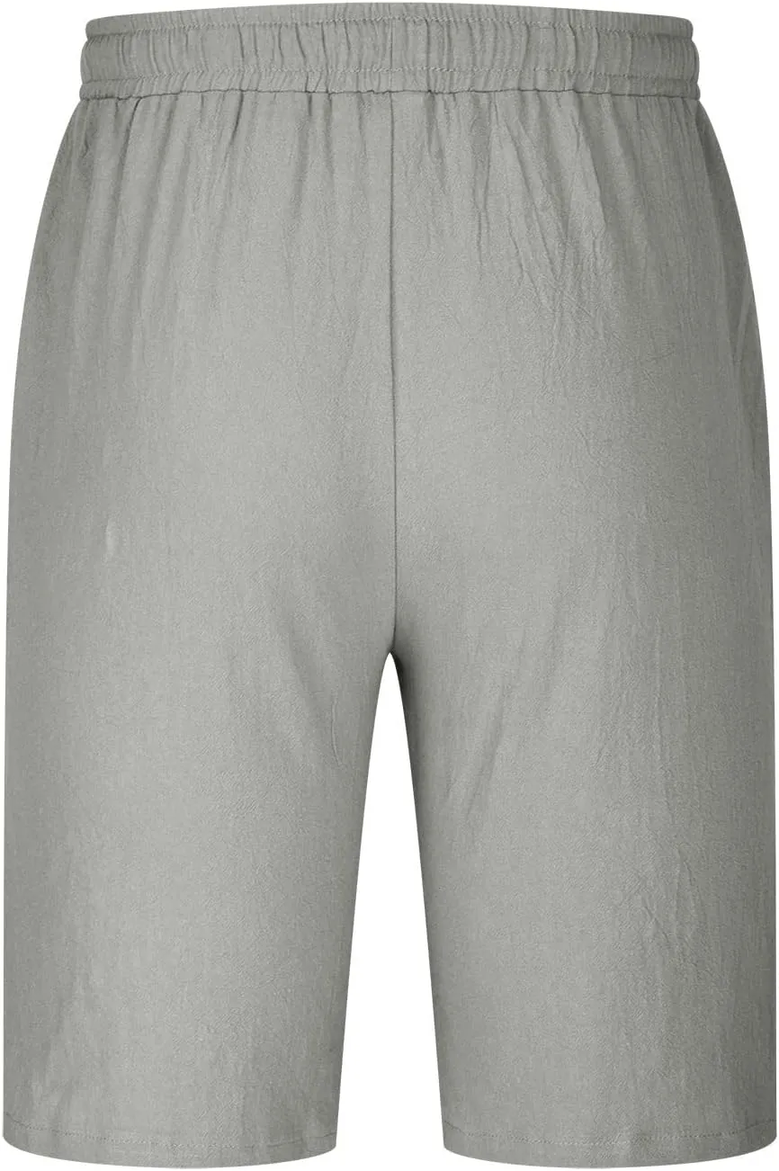 Men Linen Shorts Casual Elastic Waist Drawstring Cotton Linen Summer Beach Shorts with Pockets Loose Outdoor Shorts