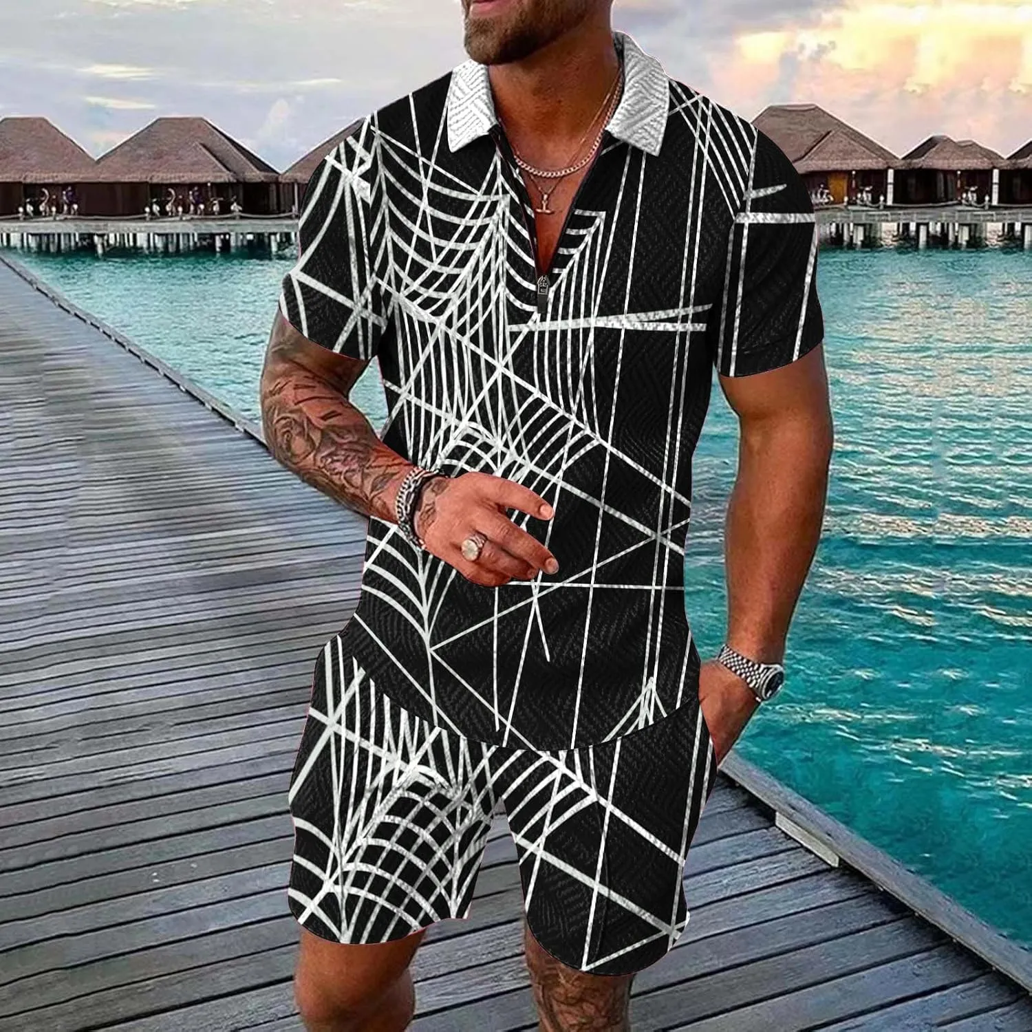 Mens 2-Piece Casual Summer Outfit Polo Shirt and Shorts Set for Beach Sport Set for Men