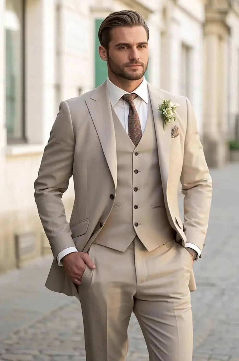 Mens 3 Piece Suit Wedding Classic Fit Peak Lapel Suits for Men Business Prom Groom Suits Set