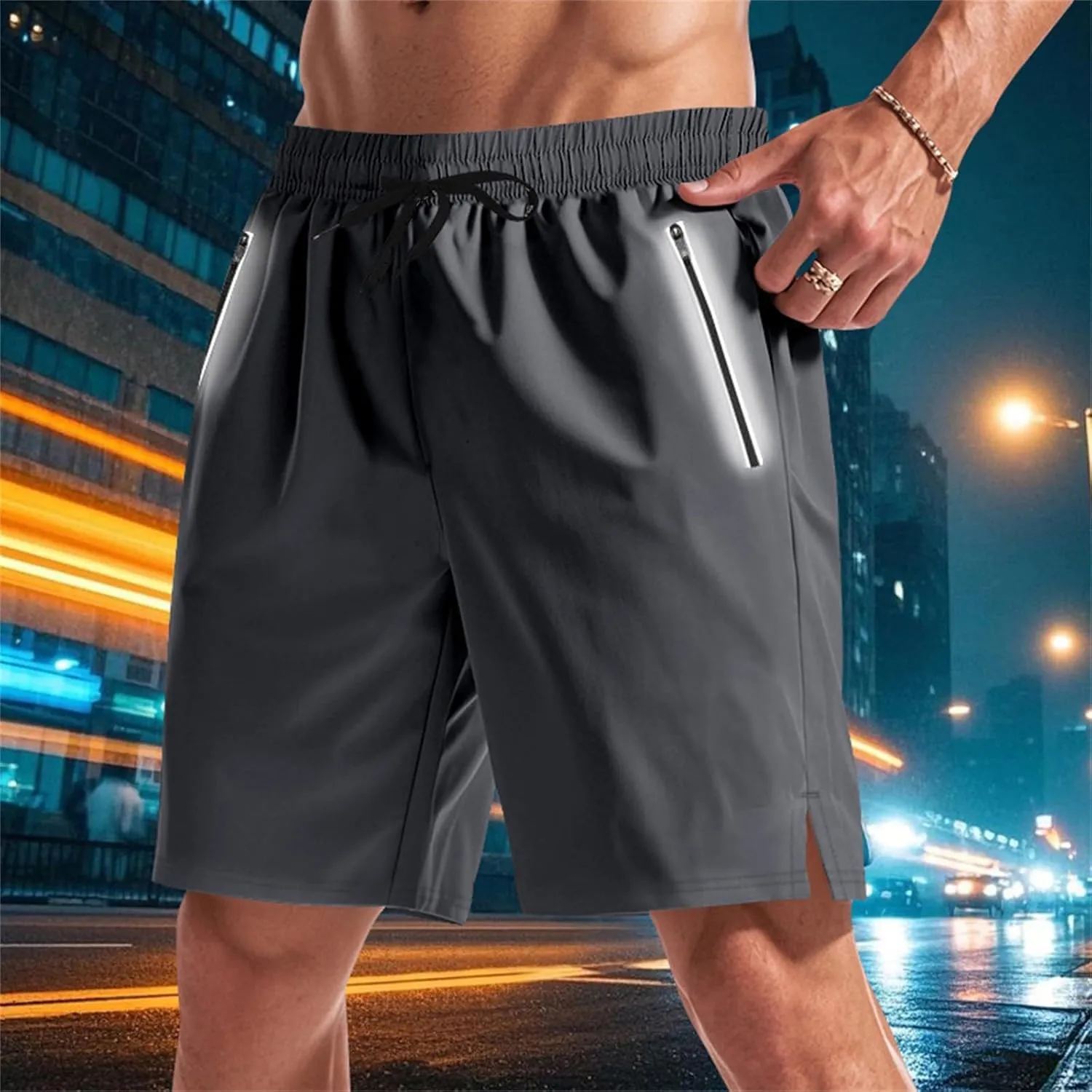 Mens Athletic Shorts Elastic Waist Quick Dry Running Short with Pockets Fluorescent Stretch Workout Shorts for Night Run