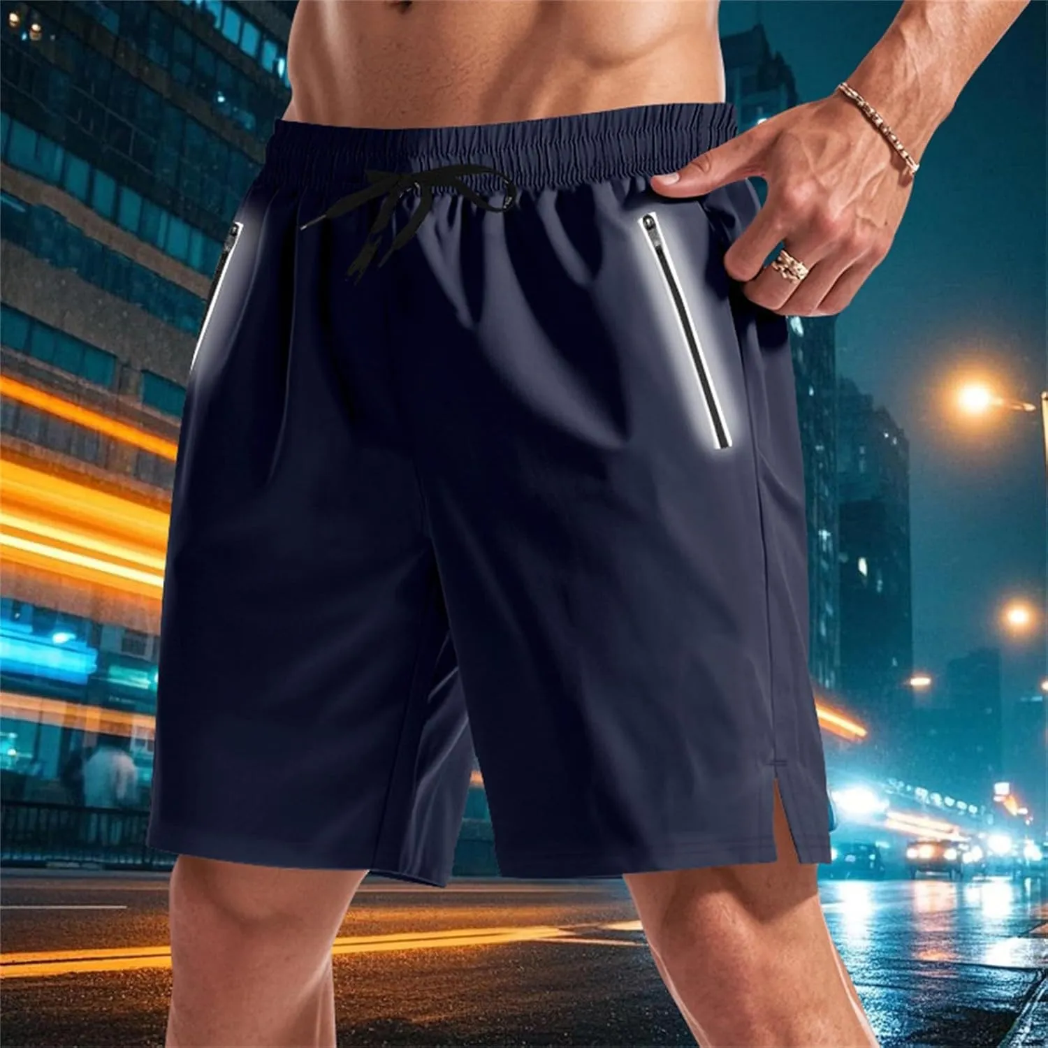 Mens Athletic Shorts Elastic Waist Quick Dry Running Short with Pockets Fluorescent Stretch Workout Shorts for Night Run