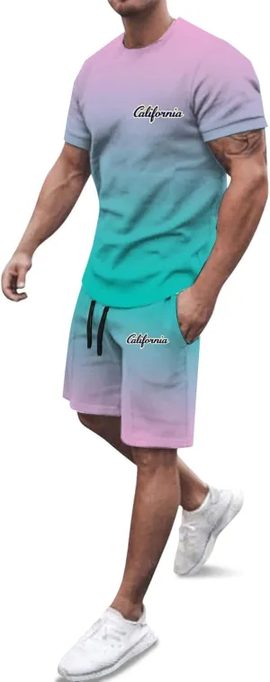 Mens Beach Outfits 2 Piece Shorts Short Sleeve California Print T Shirt And Shorts Set Casual Beach Shorts Tracksuits