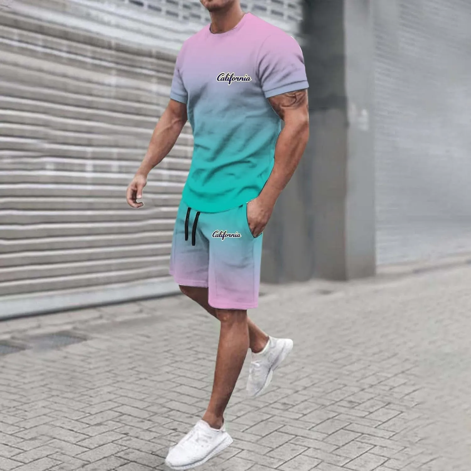 Mens Beach Outfits 2 Piece Shorts Short Sleeve California Print T Shirt And Shorts Set Casual Beach Shorts Tracksuits