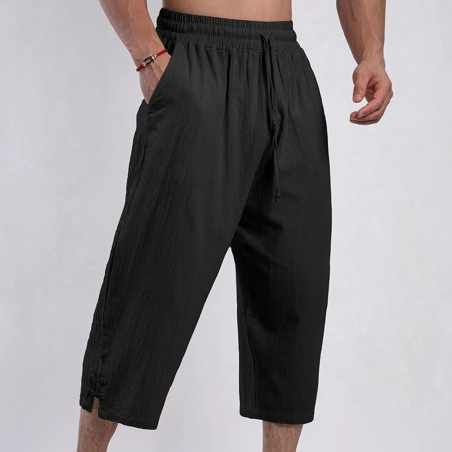 Men's Capri Pants Casual Cropped Pants Elastic Waist Summer Trousers 3/4 Length Summer Beach with Pockets
