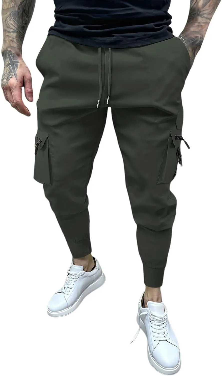 Men's Cargo Jogger Pants Stretch Sweatpants Slim Fit Tactical Pants with Zipper Pockets Casual Trousers Men's Casual Slim Fit Pants Skinny Stretch Dress Slacks #07- Green XX-Large