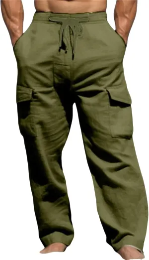 Men's Casual Cargo Pants Elastic Waist Drawstring Baggy Workout Joggers Sweatpants with Side Pockets