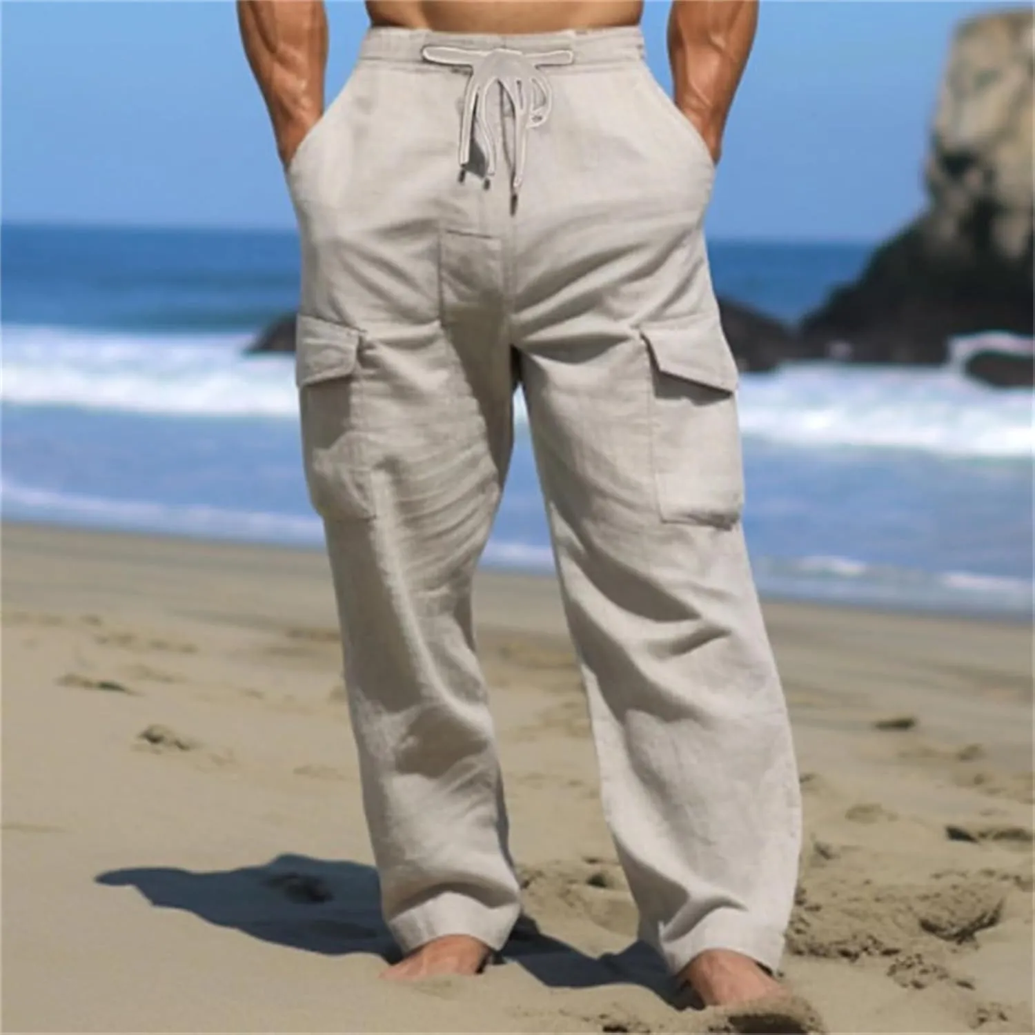 Men's Casual Cargo Pants Elastic Waist Drawstring Baggy Workout Joggers Sweatpants with Side Pockets