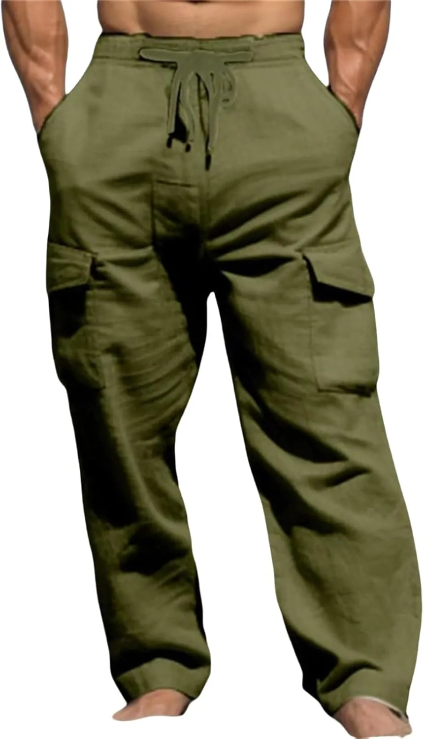 Men's Casual Cargo Pants Elastic Waist Drawstring Baggy Workout Joggers Sweatpants with Side Pockets