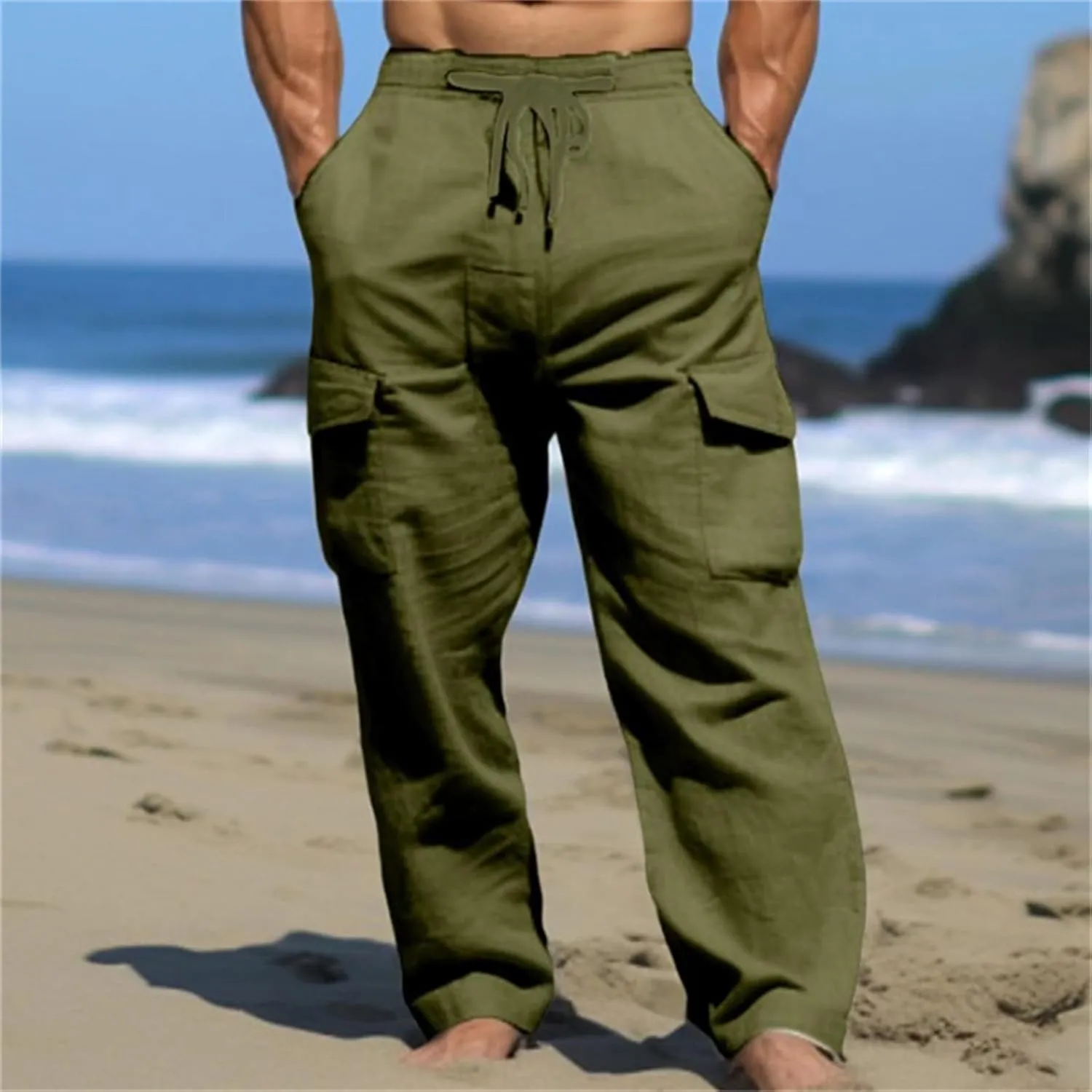 Men's Casual Cargo Pants Elastic Waist Drawstring Baggy Workout Joggers Sweatpants with Side Pockets