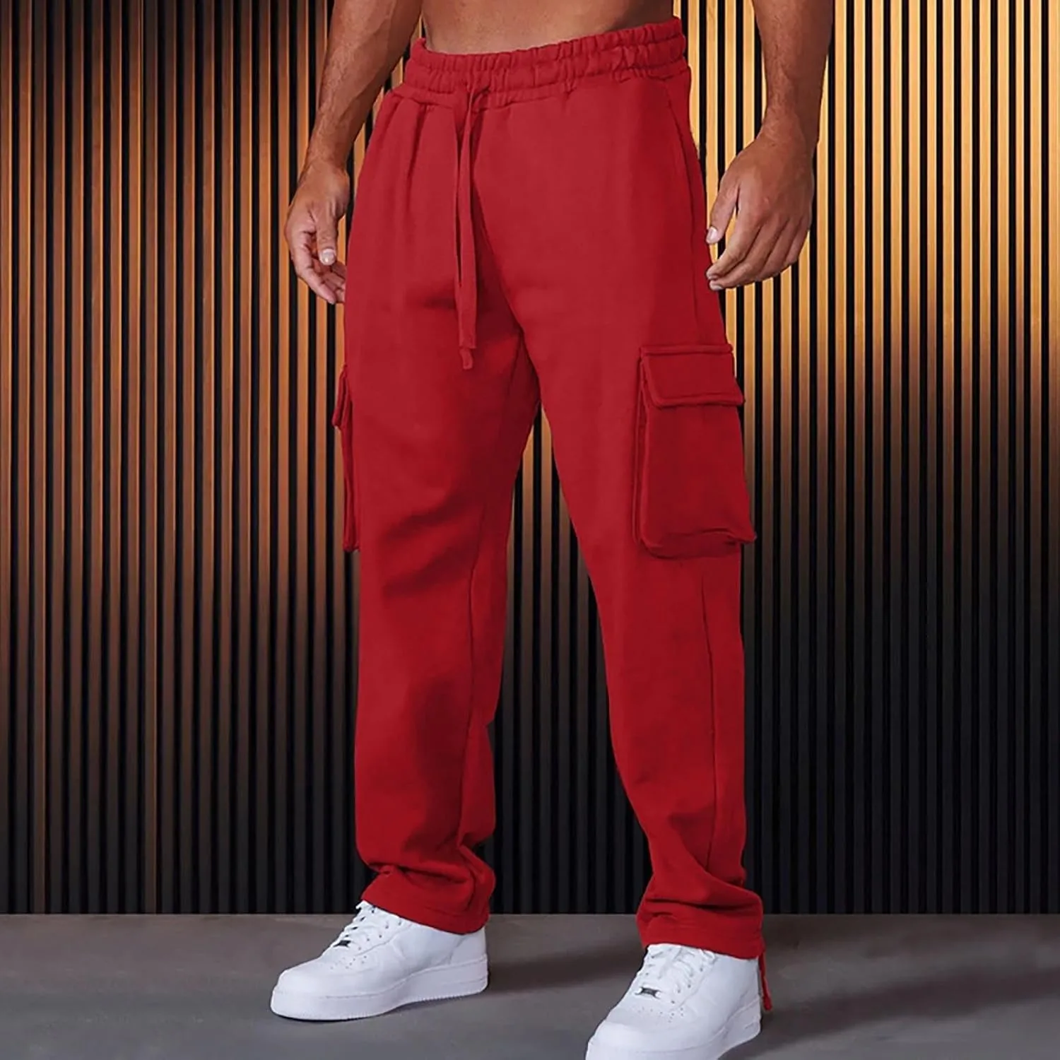 Men's Casual Cargo Pants Workout Drawstring Joggers Sweatpants Hiking Drawstring Open Bottom with Multi Pockets