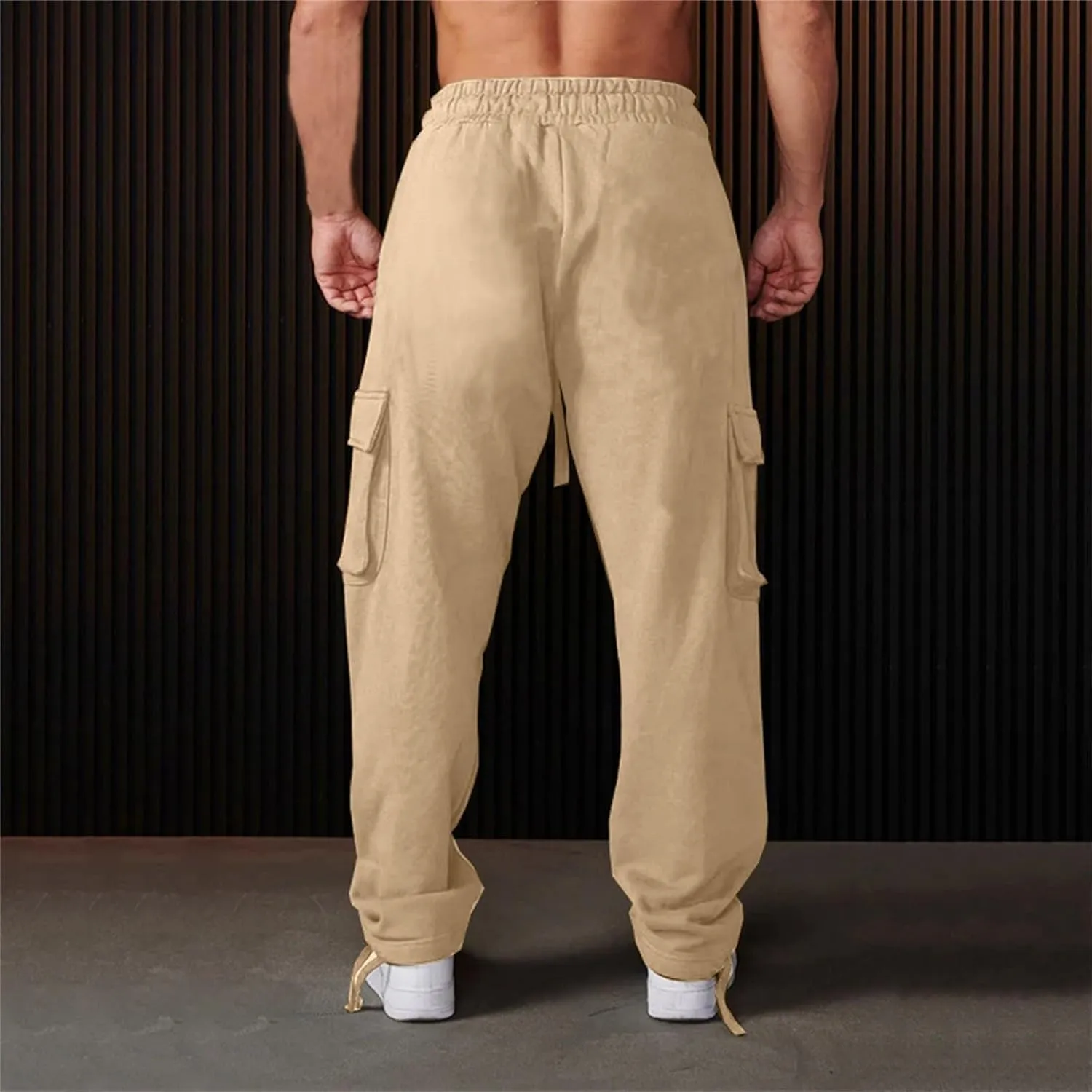 Men's Casual Cargo Pants Workout Drawstring Joggers Sweatpants Hiking Drawstring Open Bottom with Multi Pockets