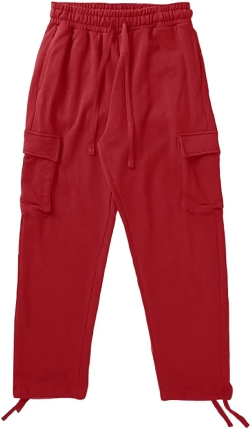 Men's Casual Cargo Pants Workout Drawstring Joggers Sweatpants Hiking Drawstring Open Bottom with Multi Pockets