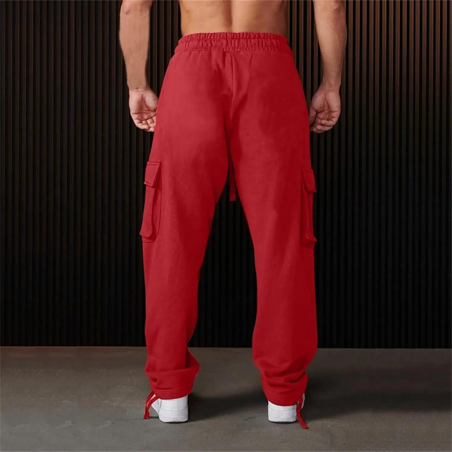 Men's Casual Cargo Pants Workout Drawstring Joggers Sweatpants Hiking Drawstring Open Bottom with Multi Pockets