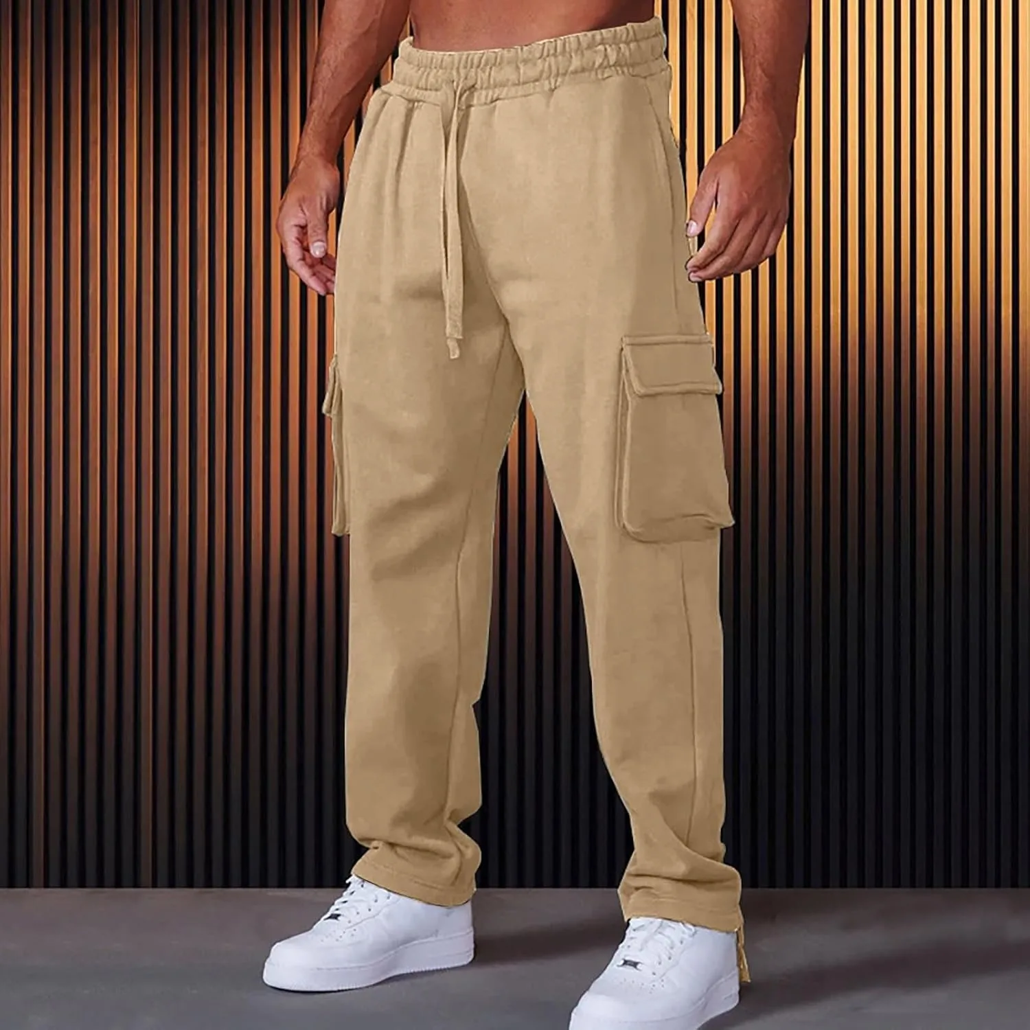 Men's Casual Cargo Pants Workout Drawstring Joggers Sweatpants Hiking Drawstring Open Bottom with Multi Pockets