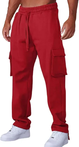 Men's Casual Cargo Pants Workout Drawstring Joggers Sweatpants Hiking Drawstring Open Bottom with Multi Pockets