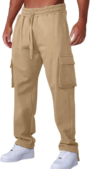 Men's Casual Cargo Pants Workout Drawstring Joggers Sweatpants Hiking Drawstring Open Bottom with Multi Pockets